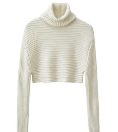 针织短款高领长袖毛衣辣妹风秋冬款横竖纹理拼接厚料针织衫